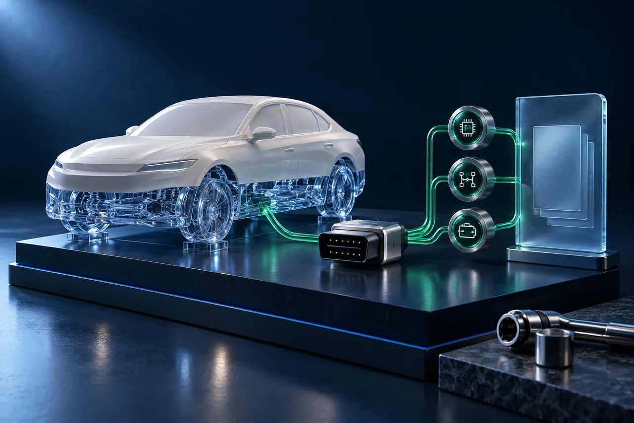 OBD bağlantısı, elektronik araç verisi ve raporlama bağlamını anlatan temsili tasarım; mekanik ekspertiz veya ürün ekranı değildir